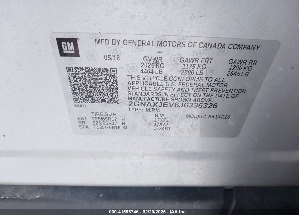 2018 CHEVROLET EQUINOX LT VIN: 2GNAXJEV6J6336326