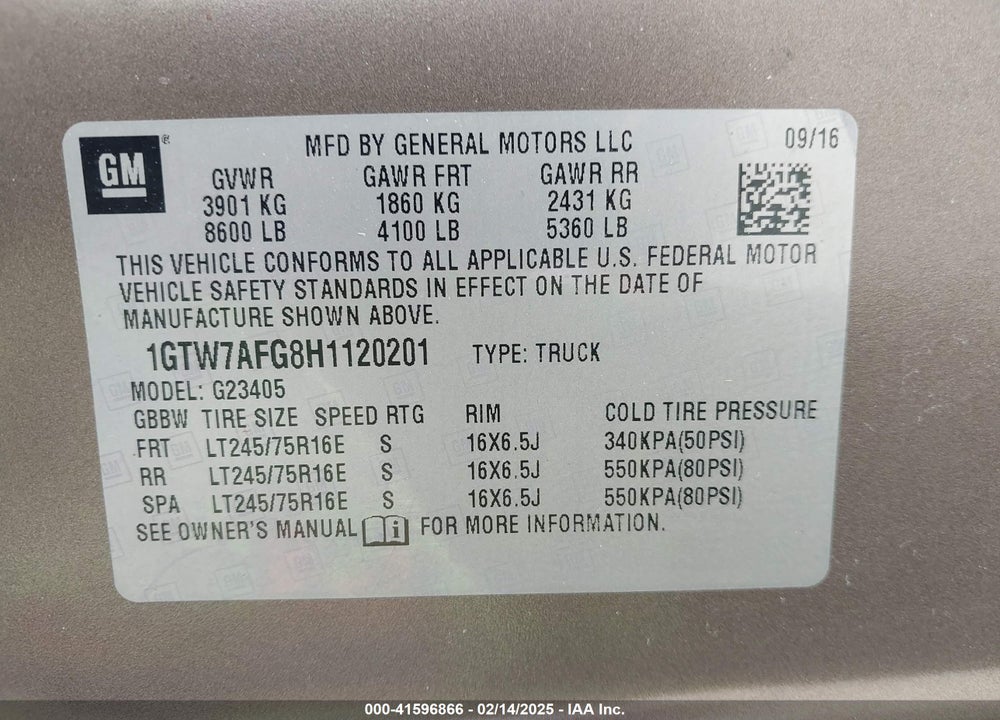 2017 GMC SAVANA 2500 WORK VAN VIN: 1GTW7AFG8H1120201