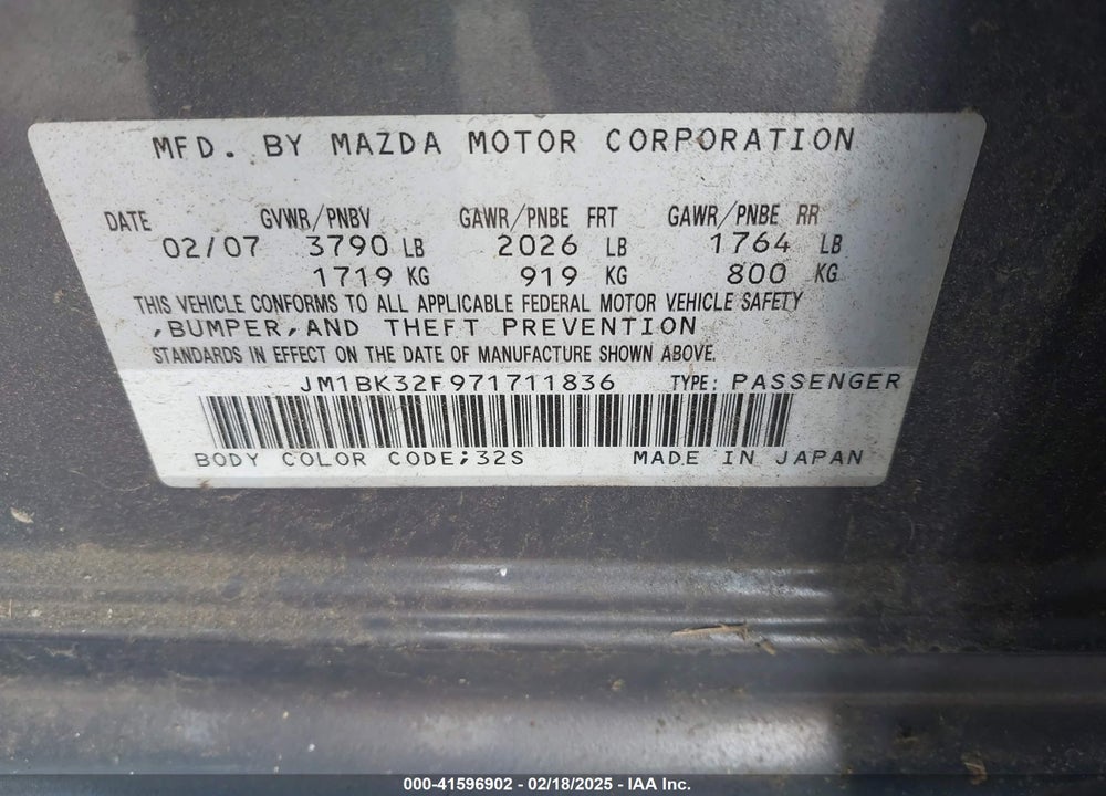 2007 MAZDA MAZDA3 VIN: JM1BK32F971711836
