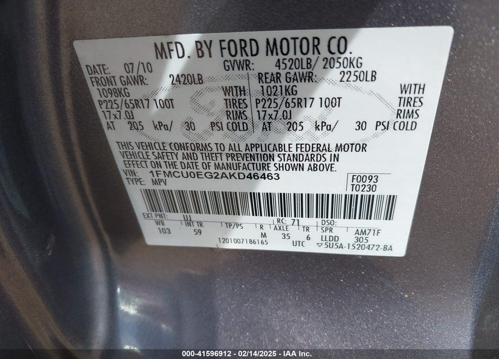 2010 FORD ESCAPE LIMITED VIN: 1FMCU0EG2AKD46463