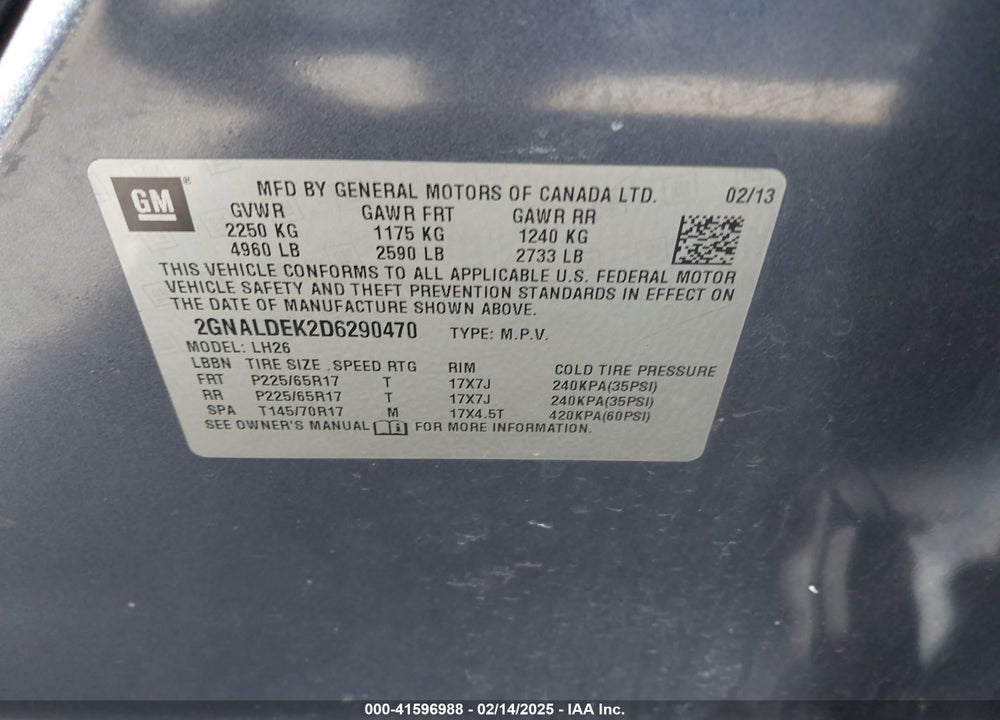 2013 CHEVROLET EQUINOX VIN: 2GNALDEK2D6290470