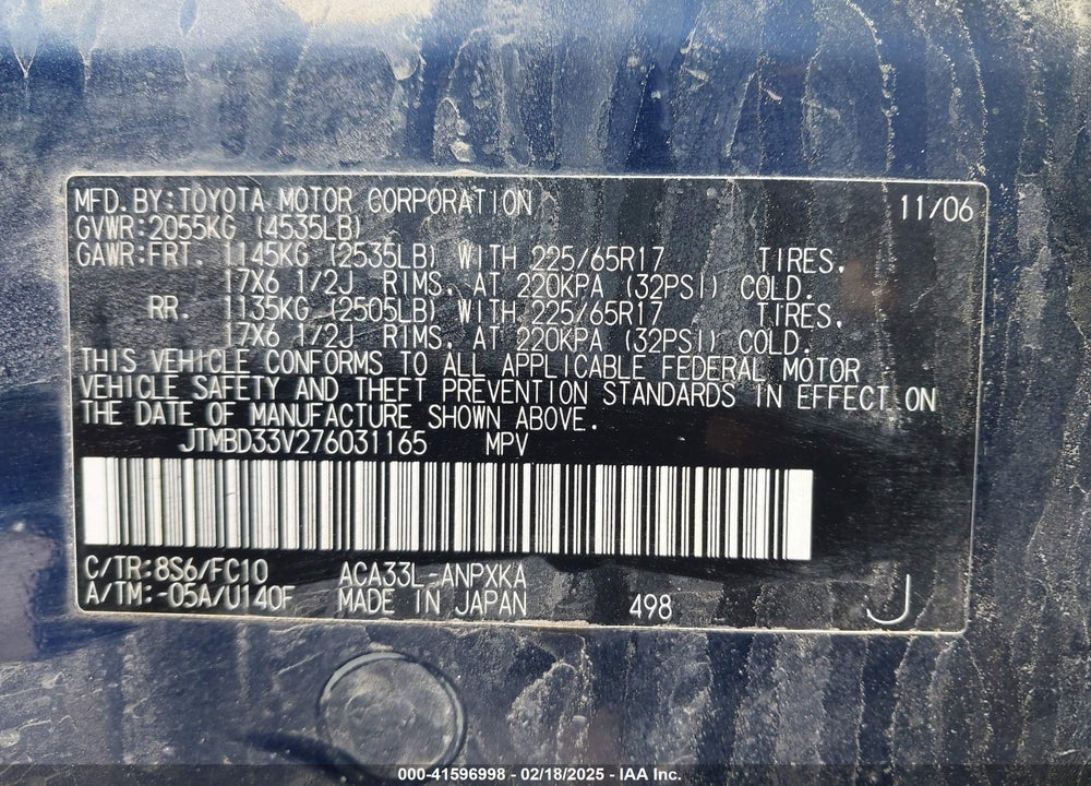 2007 TOYOTA RAV4 VIN: JTMBD33V276031165