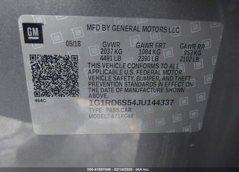 2018 CHEVROLET VOLT VIN: 1G1RD6S54JU144337