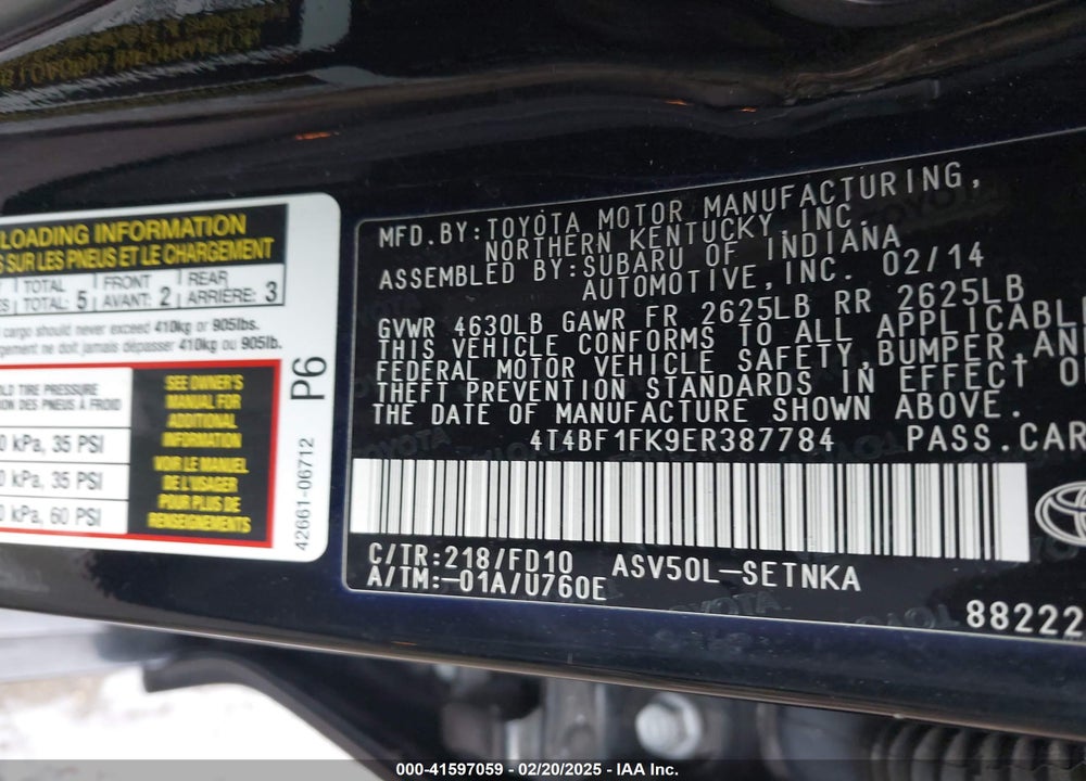 2014 TOYOTA CAMRY VIN: 4T4BF1FK9ER387784