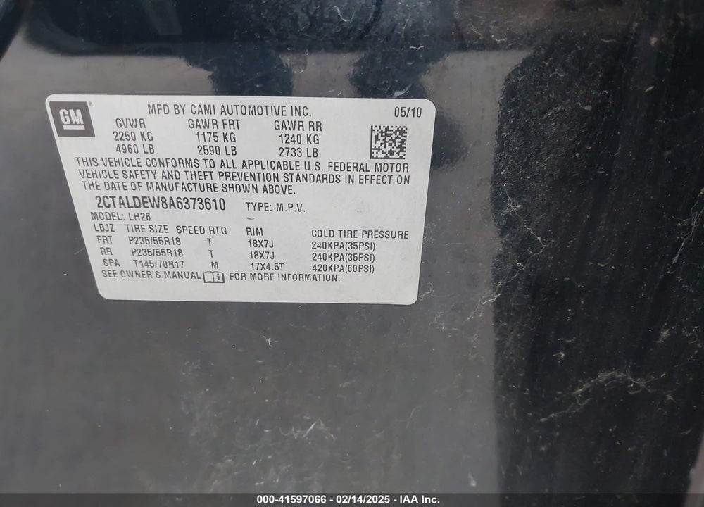2010 GMC TERRAIN SLE-2 VIN: 2CTALDEW8A6373610