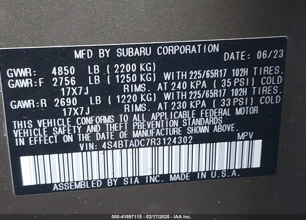 2024 SUBARU OUTBACK PREMIUM VIN: 4S4BTADC7R3124302