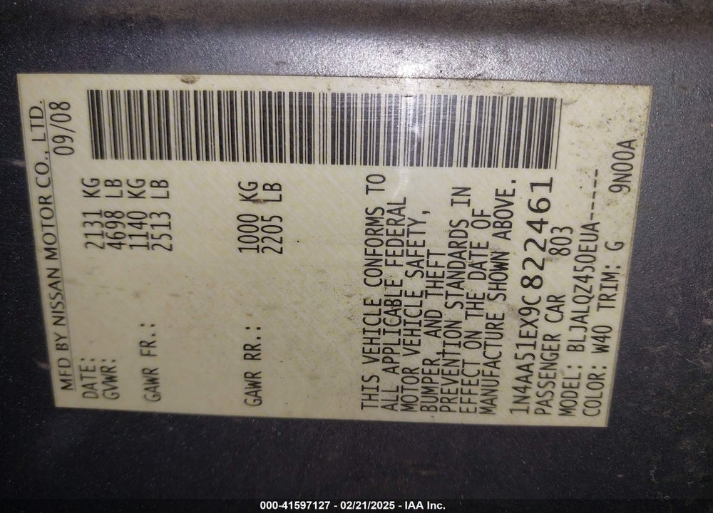 2009 NISSAN MAXIMA VIN: 1N4AA51EX9C822461