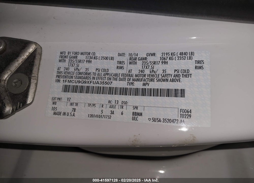 2015 FORD ESCAPE SE VIN: 1FMCU9G9XFUA35507