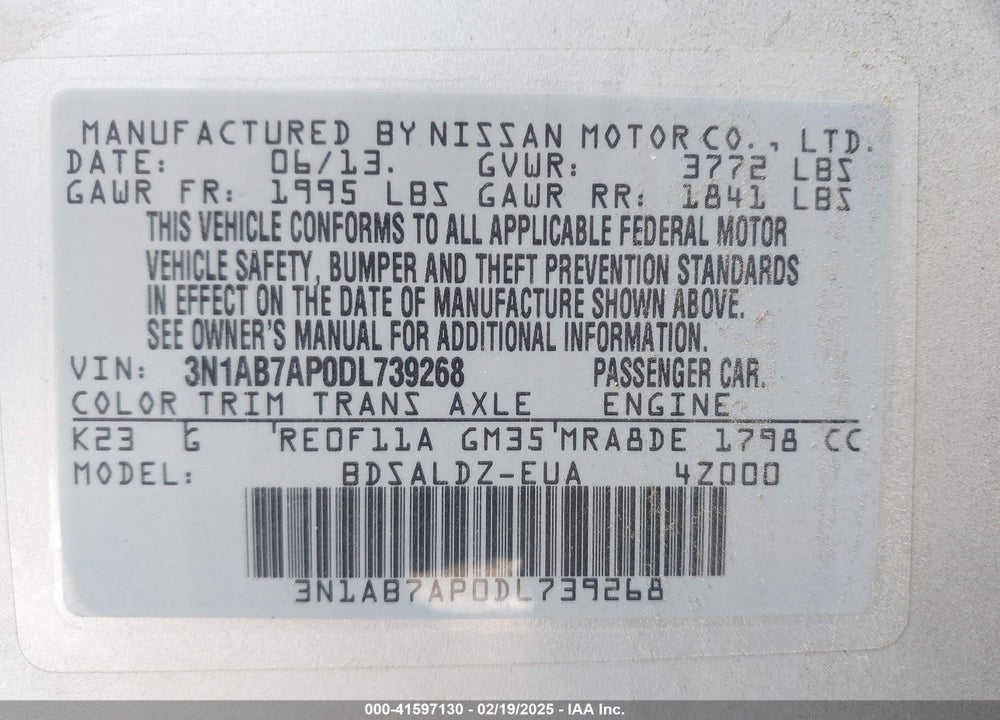 2013 NISSAN SENTRA VIN: 3N1AB7AP0DL739268