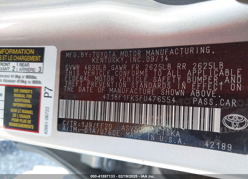 2015 TOYOTA CAMRY VIN: 4T1BF1FK5FU476554