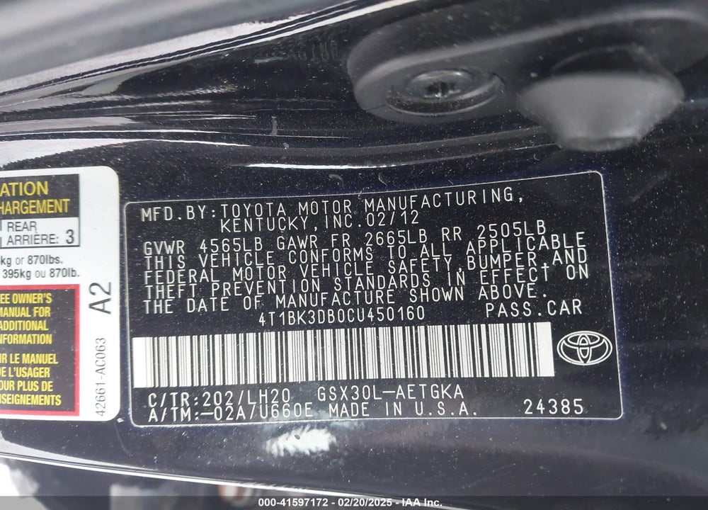 2012 TOYOTA AVALON VIN: 4T1BK3DB0CU450160