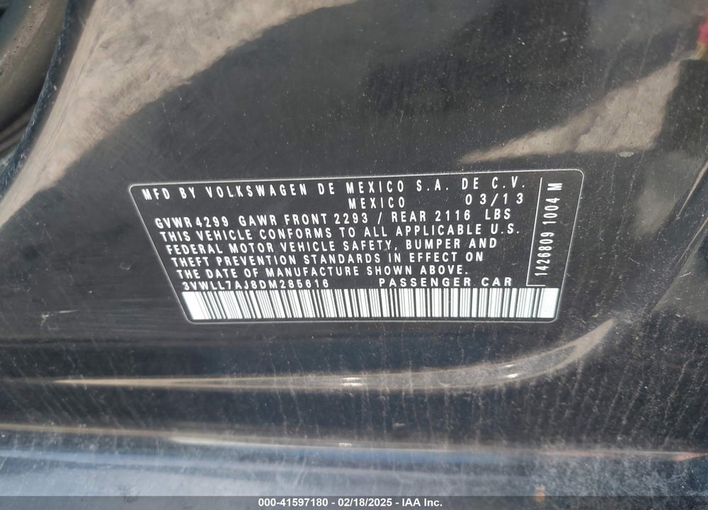 2013 VOLKSWAGEN JETTA VIN: 3VWLL7AJ8DM285616