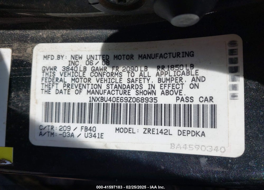 2009 TOYOTA COROLLA VIN: 1NXBU40E69Z068935