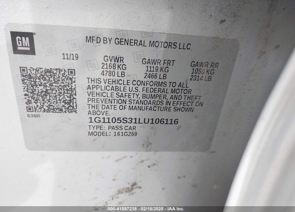 2020 CHEVROLET IMPALA VIN: 1G1105S31LU106116