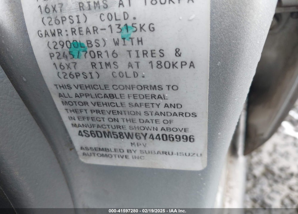 2000 HONDA PASSPORT EX/LX VIN: 4S6DM58W6Y4406996