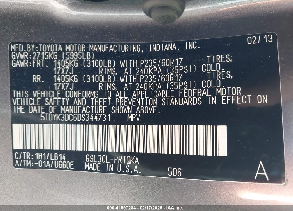 2013 TOYOTA SIENNA XLE V6 8 PASSENGER VIN: 5TDYK3DC6DS344731