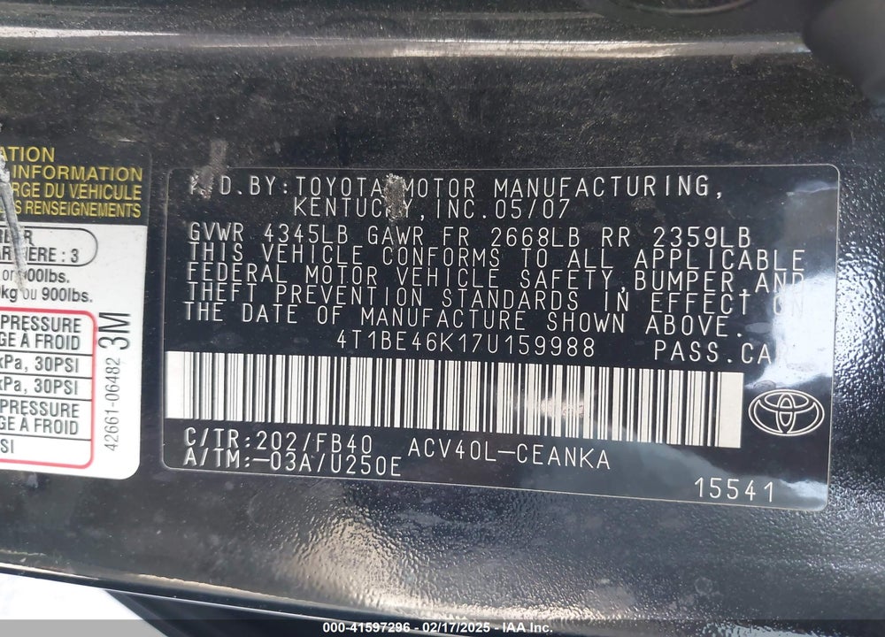 2007 TOYOTA CAMRY LE VIN: 4T1BE46K17U159988