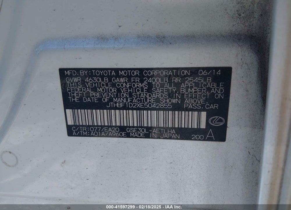 2014 LEXUS IS VIN: JTHBF1D2XE5042855