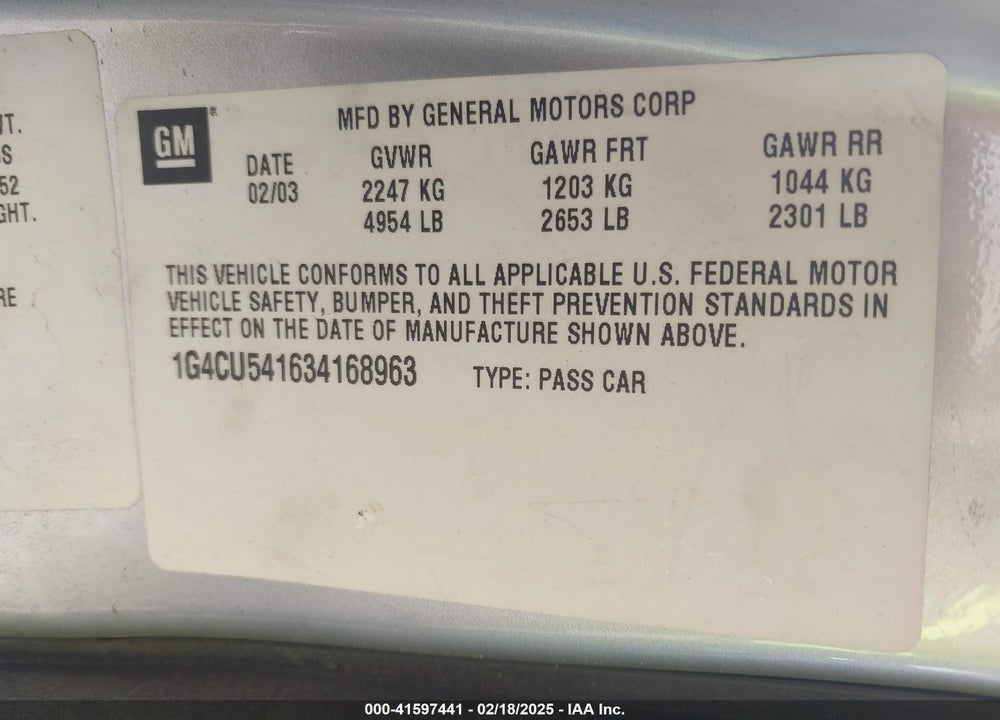 2003 BUICK PARK AVENUE ULTRA VIN: 1G4CU541634168963