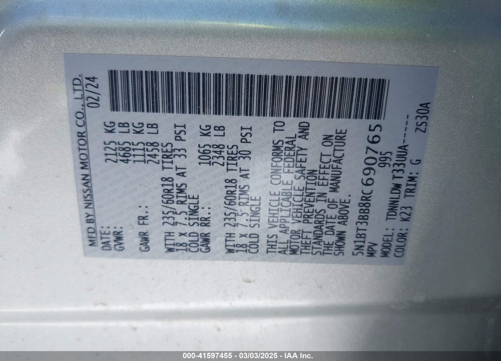 2024 NISSAN ROGUE VIN: 5N1BT3BB8RC690765