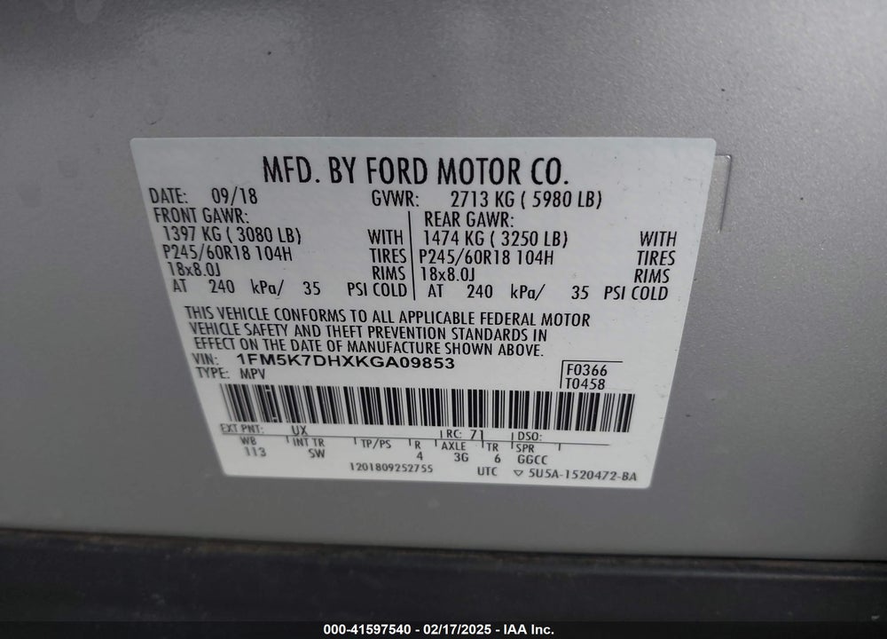 2019 FORD EXPLORER XLT VIN: 1FM5K7DHXKGA09853