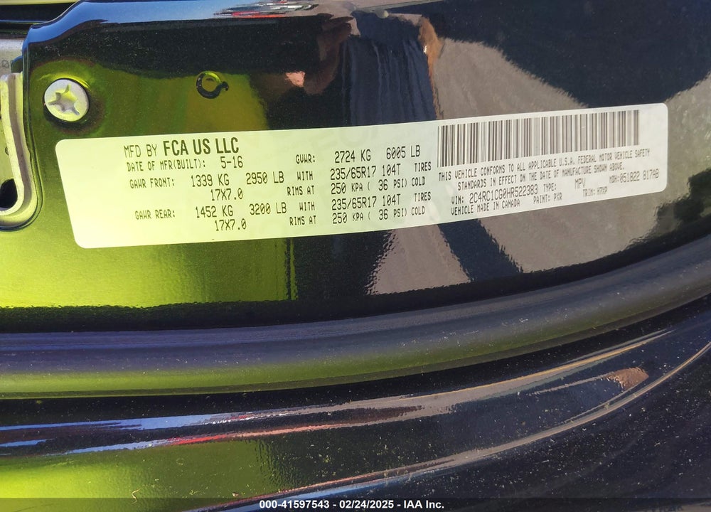 2017 CHRYSLER PACIFICA LX VIN: 2C4RC1CG0HR522383