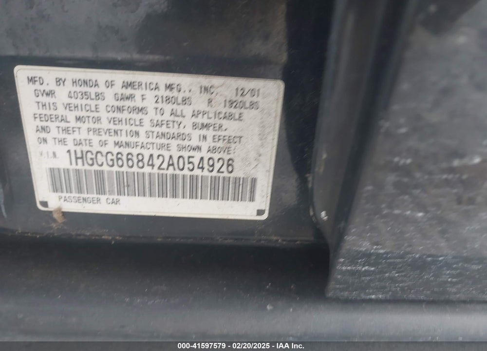 2002 HONDA ACCORD 2.3 EX/2.3 SE VIN: 1HGCG66842A054926