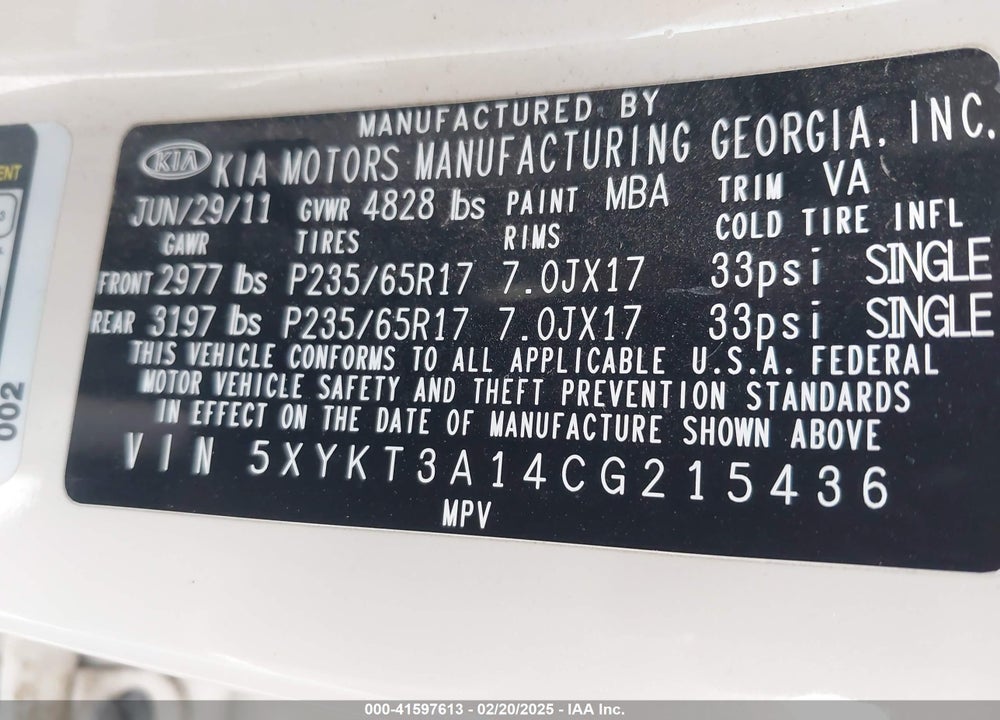 2012 KIA SORENTO LX VIN: 5XYKT3A14CG215436