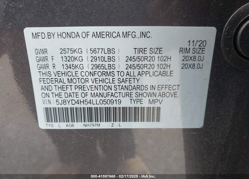 2020 ACURA MDX TECHNOLOGY PACKAGE VIN: 5J8YD4H54LL050919