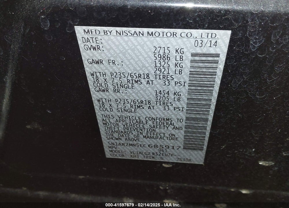 2014 NISSAN PATHFINDER SL VIN: 5N1AR2MN5EC685917