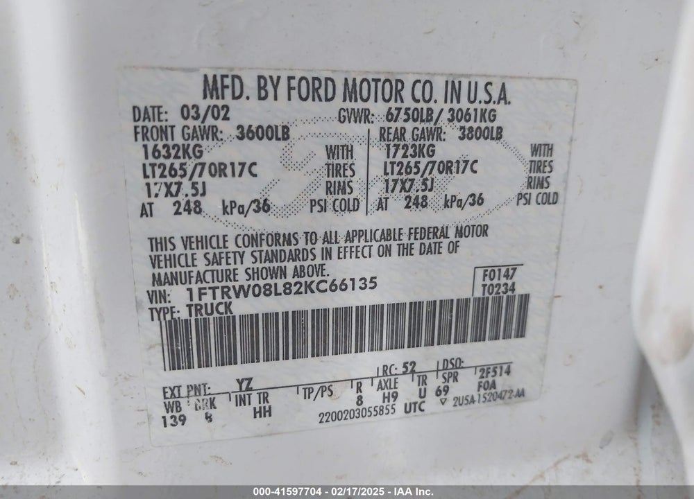 2002 FORD F-150 LARIAT/XLT VIN: 1FTRW08L82KC66135