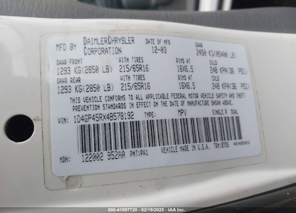 2004 DODGE CARAVAN SXT VIN: 1D4GP45RX4B578192
