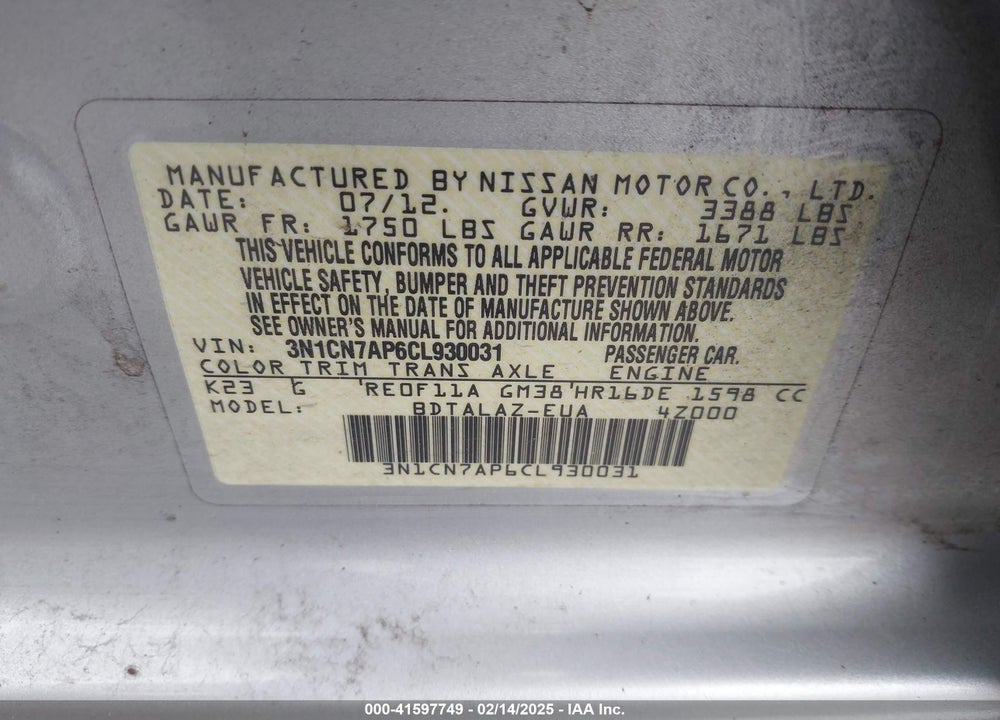 2012 NISSAN VERSA 1.6 S+ VIN: 3N1CN7AP6CL930031