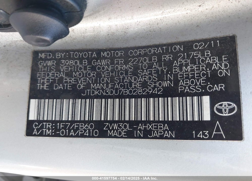 2011 TOYOTA PRIUS THREE VIN: JTDKN3DU7B0282942