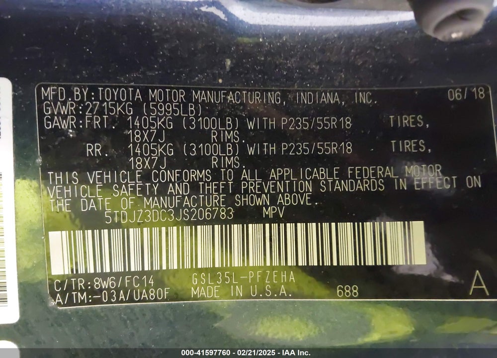 2018 TOYOTA SIENNA LE 7 PASSENGER VIN: 5TDJZ3DC3JS206783