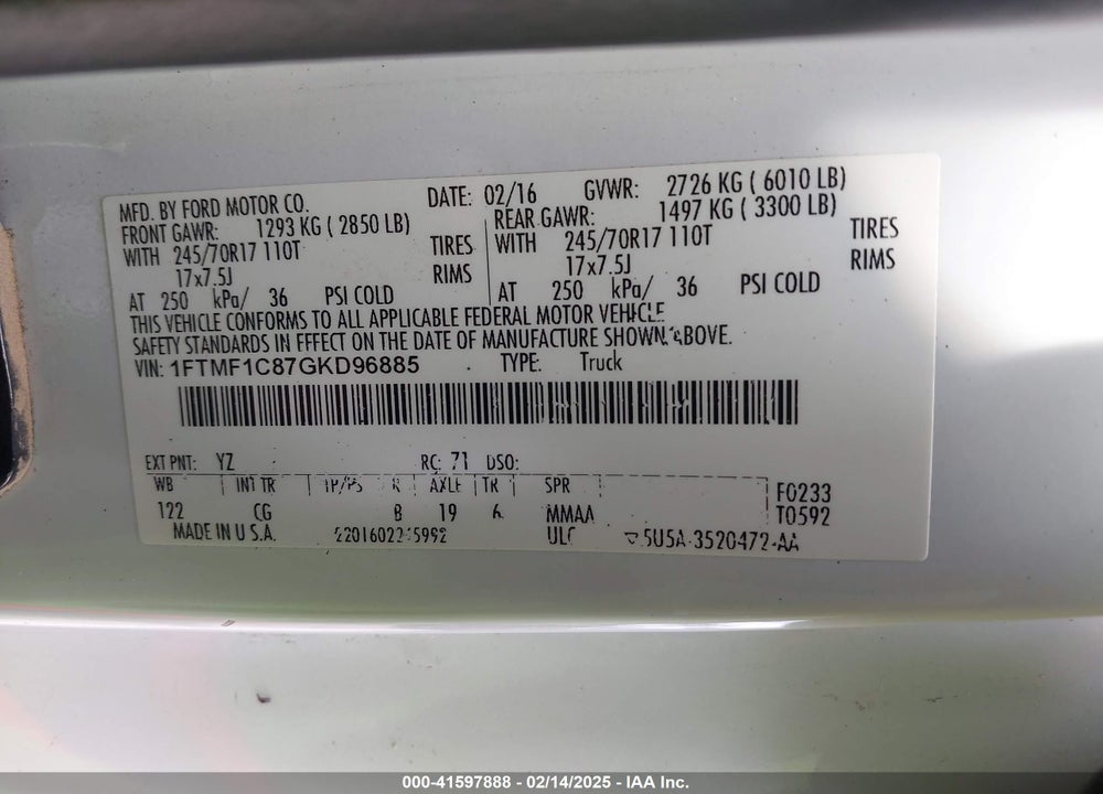 2016 FORD F-150 XL VIN: 1FTMF1C87GKD96885