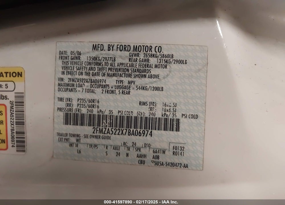 2007 FORD FREESTAR SEL VIN: 2FMZA522X7BA06974