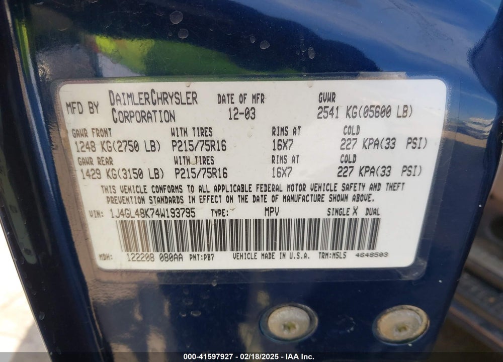 2004 JEEP LIBERTY SPORT VIN: 1J4GL48K74W193795