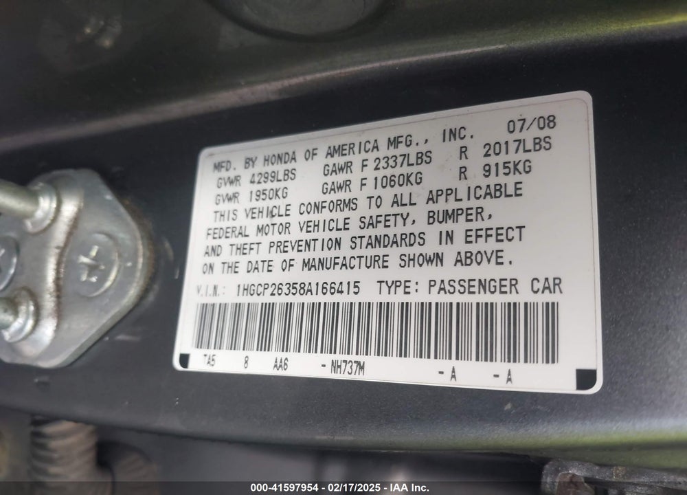 2008 HONDA ACCORD 2.4 LX VIN: 1HGCP26358A166415