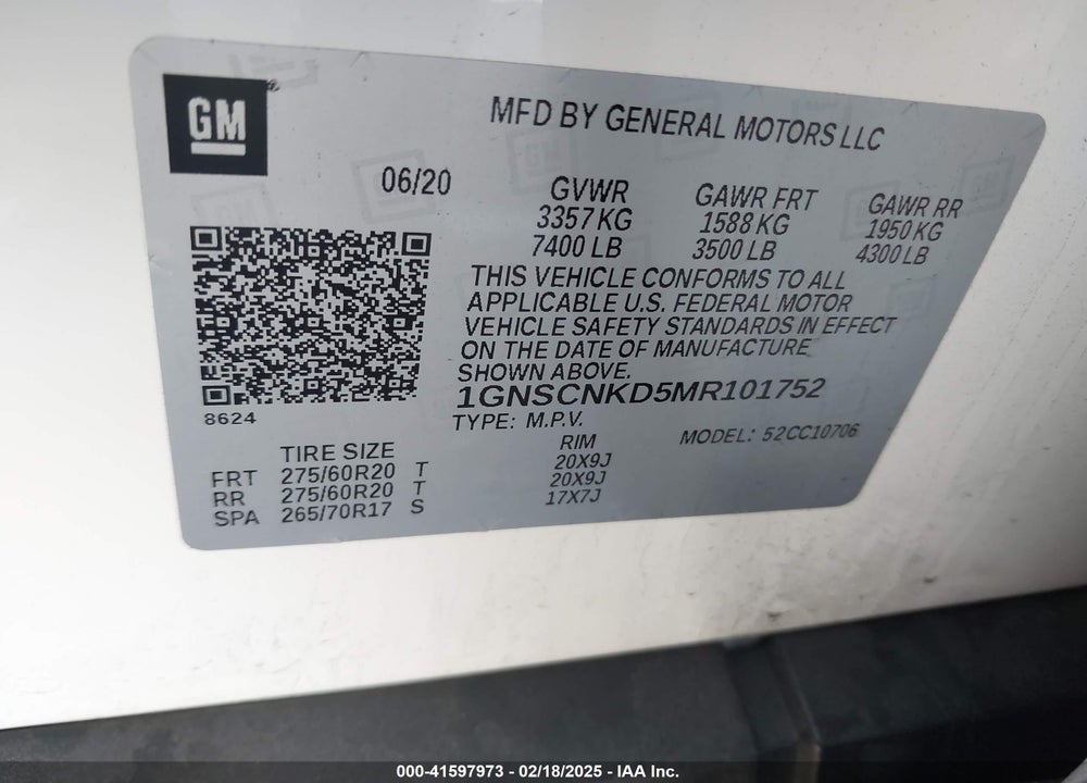 2021 CHEVROLET TAHOE 2WD LT VIN: 1GNSCNKD5MR101752