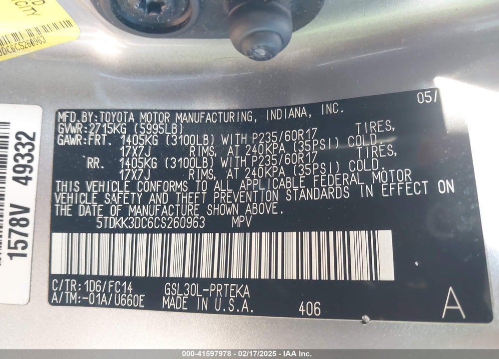 2012 TOYOTA SIENNA LE V6 8 PASSENGER VIN: 5TDKK3DC6CS260963