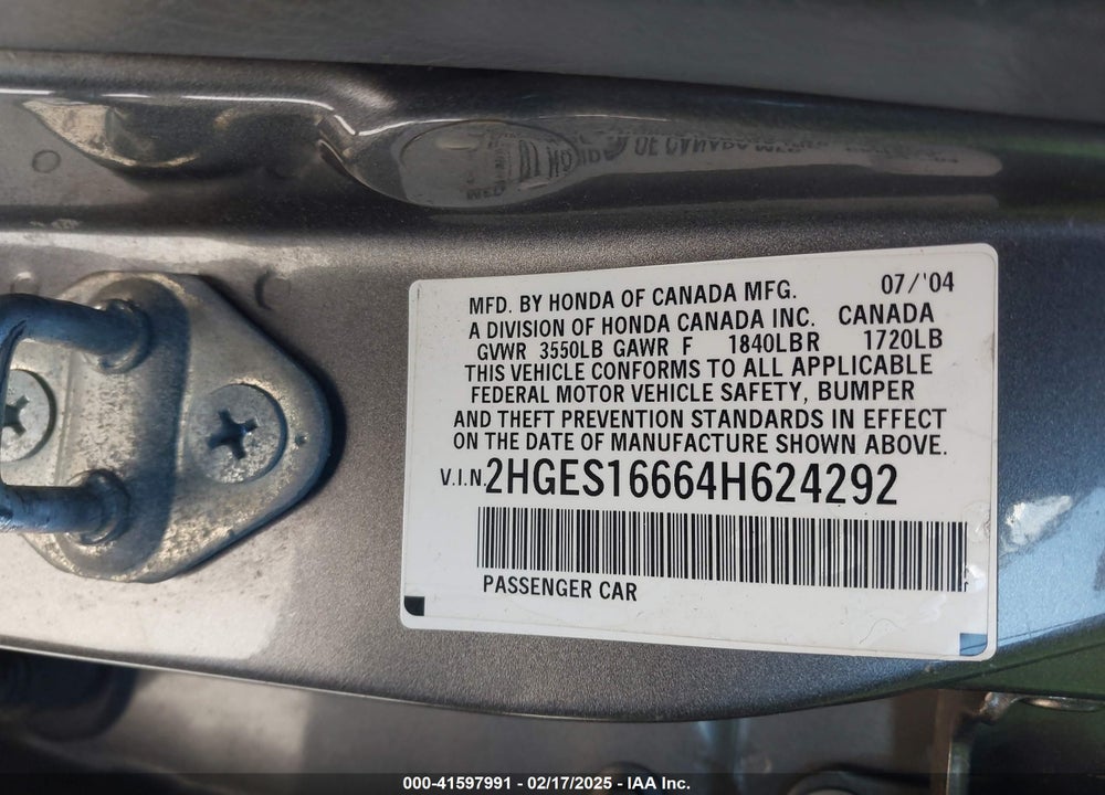 2004 HONDA CIVIC LX VIN: 2HGES16664H624292