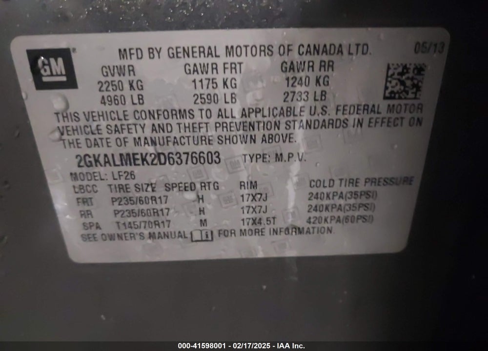 2013 GMC TERRAIN SLE-1 VIN: 2GKALMEK2D6376603