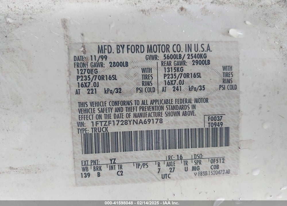 2000 FORD F-150 WORK SERIES/XL/XLT VIN: 1FTZF1728YNA69178