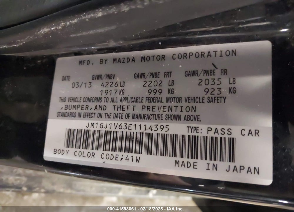 2014 MAZDA 6 VIN: JM1GJ1V63E1114395