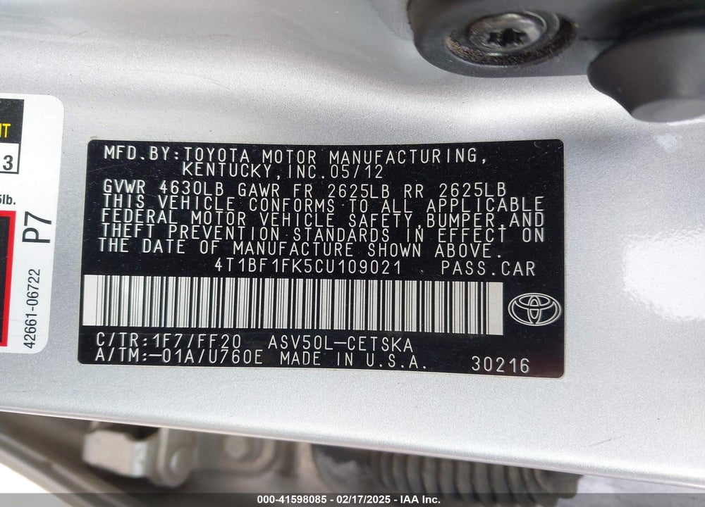 2012 TOYOTA CAMRY SE VIN: 4T1BF1FK5CU109021