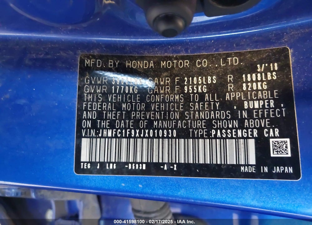 2018 HONDA CIVIC VIN: JHMFC1F9XJX010930