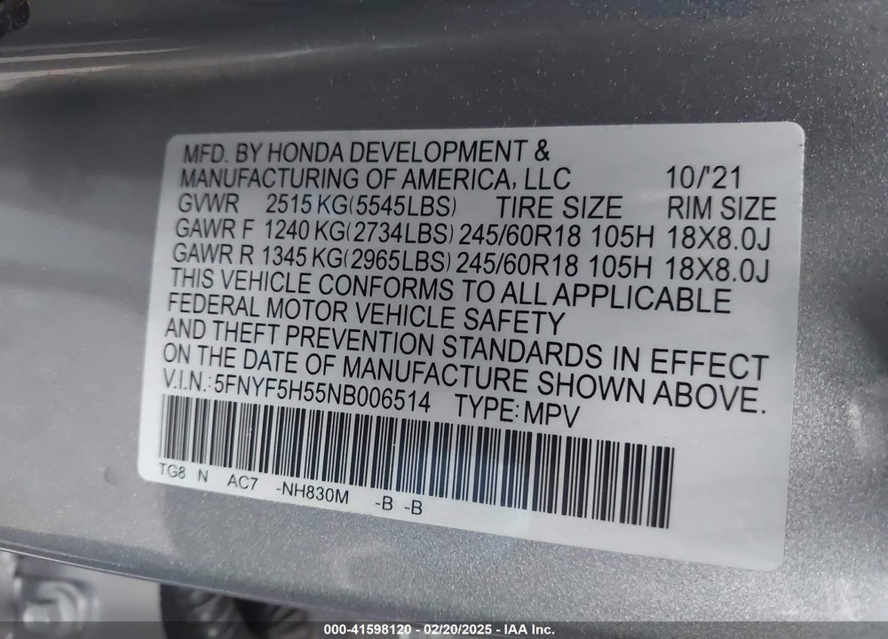 2022 HONDA PILOT 2WD EX-L VIN: 5FNYF5H55NB006514