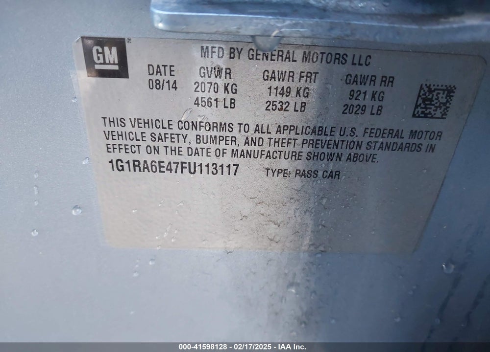2015 CHEVROLET VOLT VIN: 1G1RA6E47FU113117