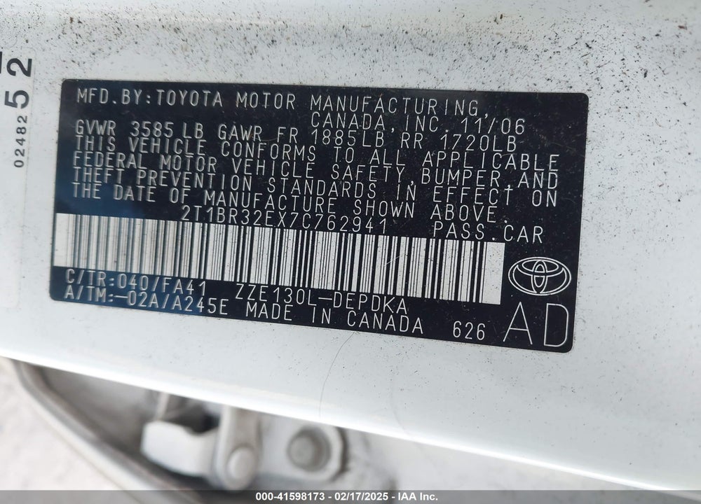 2007 TOYOTA COROLLA CE VIN: 2T1BR32EX7C762941